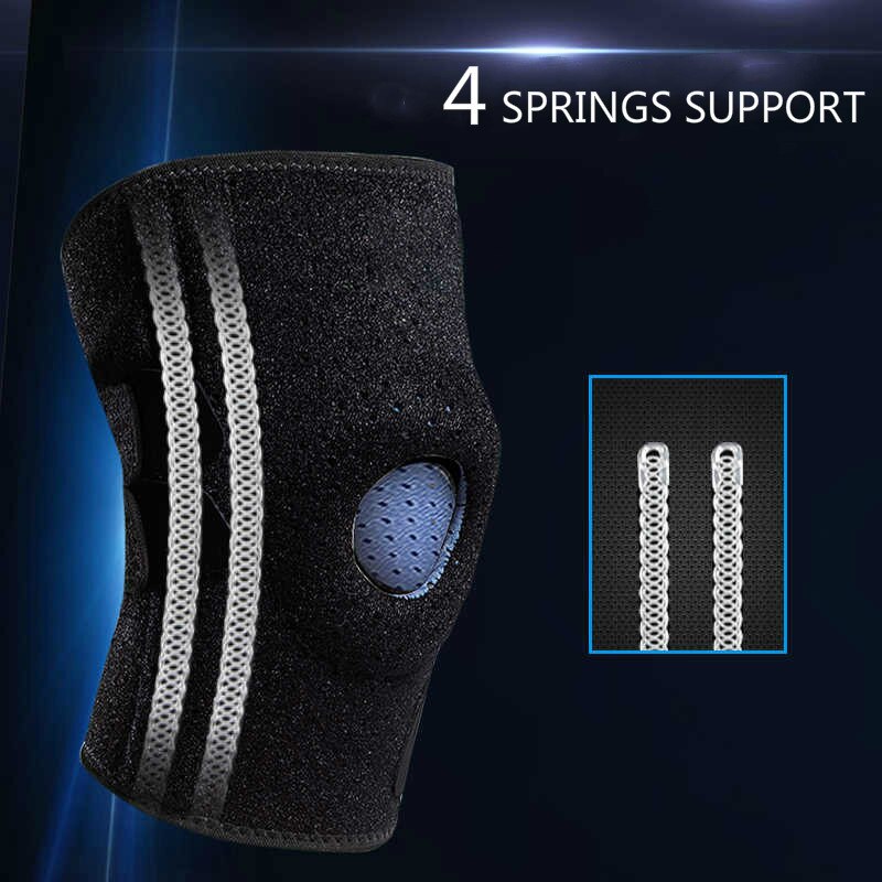 1 Pair Patella Knee Brace with Side 4 Springs Support Stabilizer Hole Silica Gel Pad Protector Breathable Kneepad Tendon Sprains