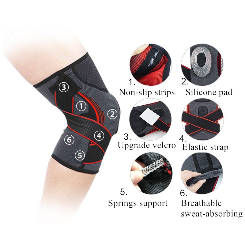 1PC Knee Support Compression Sleeve Elastic Knee Pads Brace Sports Protector with Adjustable bandage Silicone Pad Spring Suppot